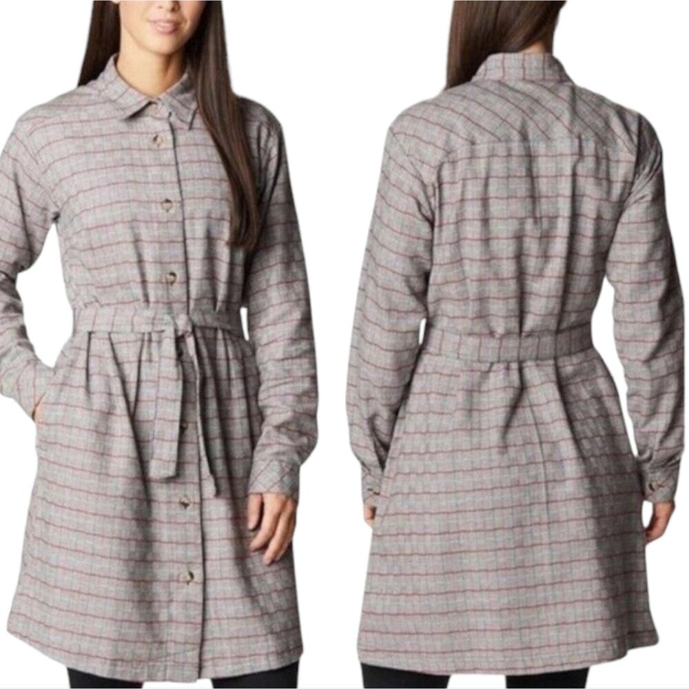 Columbia Holly Hideaway Flannel Dress Plaid Button Up Belted Gray Red SZ XL NEW
